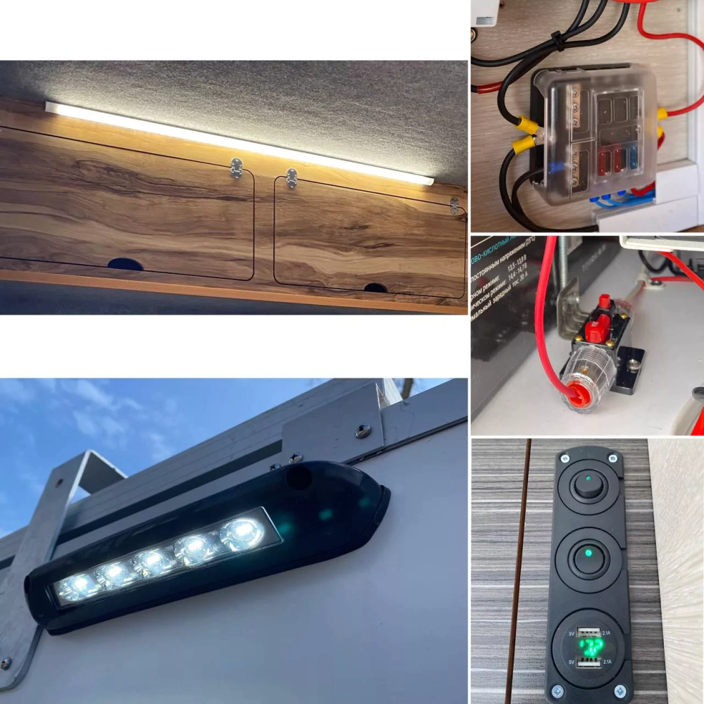 Пакет электроподготовки (3 LED светильника: спальня, кухня, улица), 2 розетки USB (кухня и спальня), Проводка для подключения к аккумулятору с экстренным размыкателем и блоком предохранителей